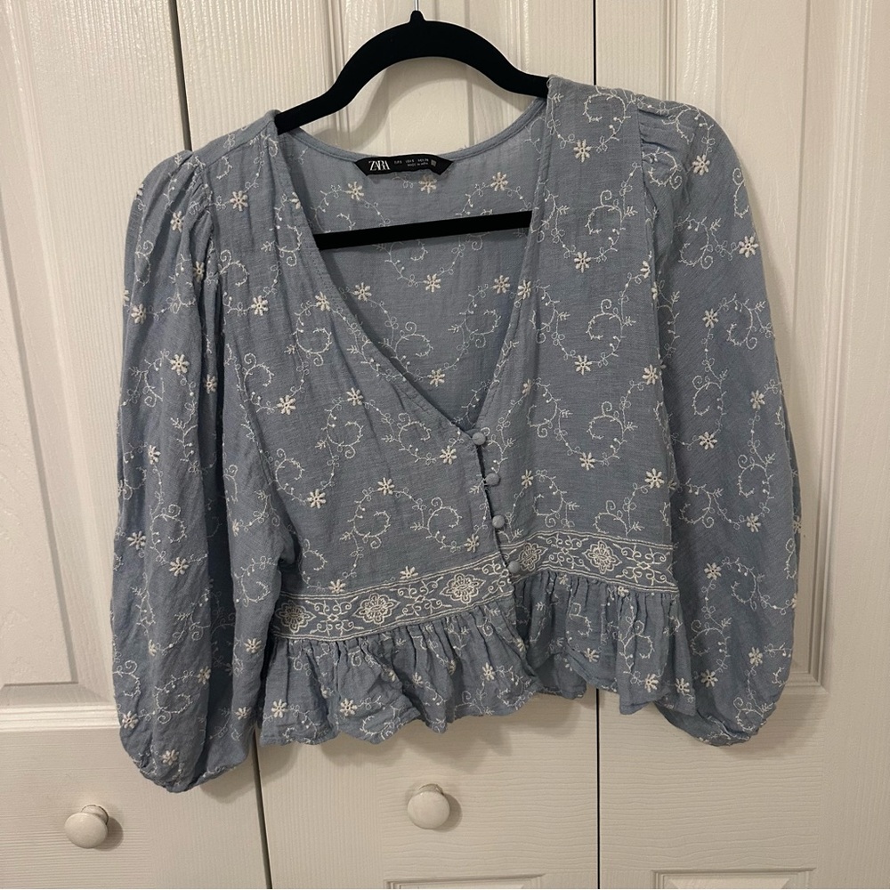 Zara Light Blue Embroidered Blouse